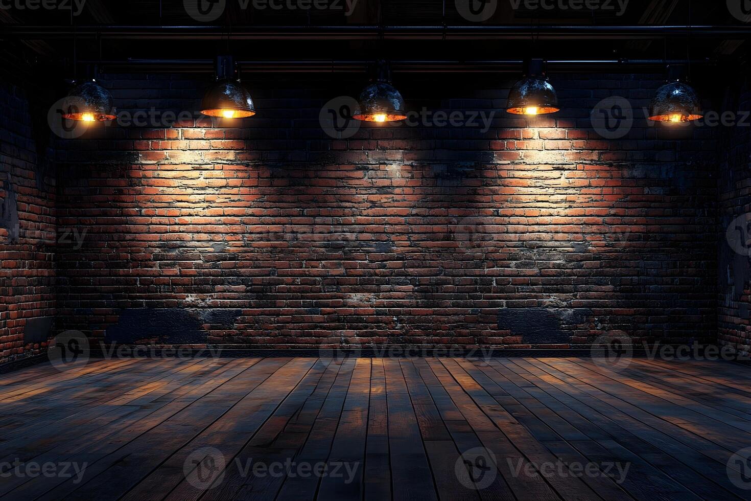 Dark brick room, wood floor, industrial lighting, background texture, product display photo