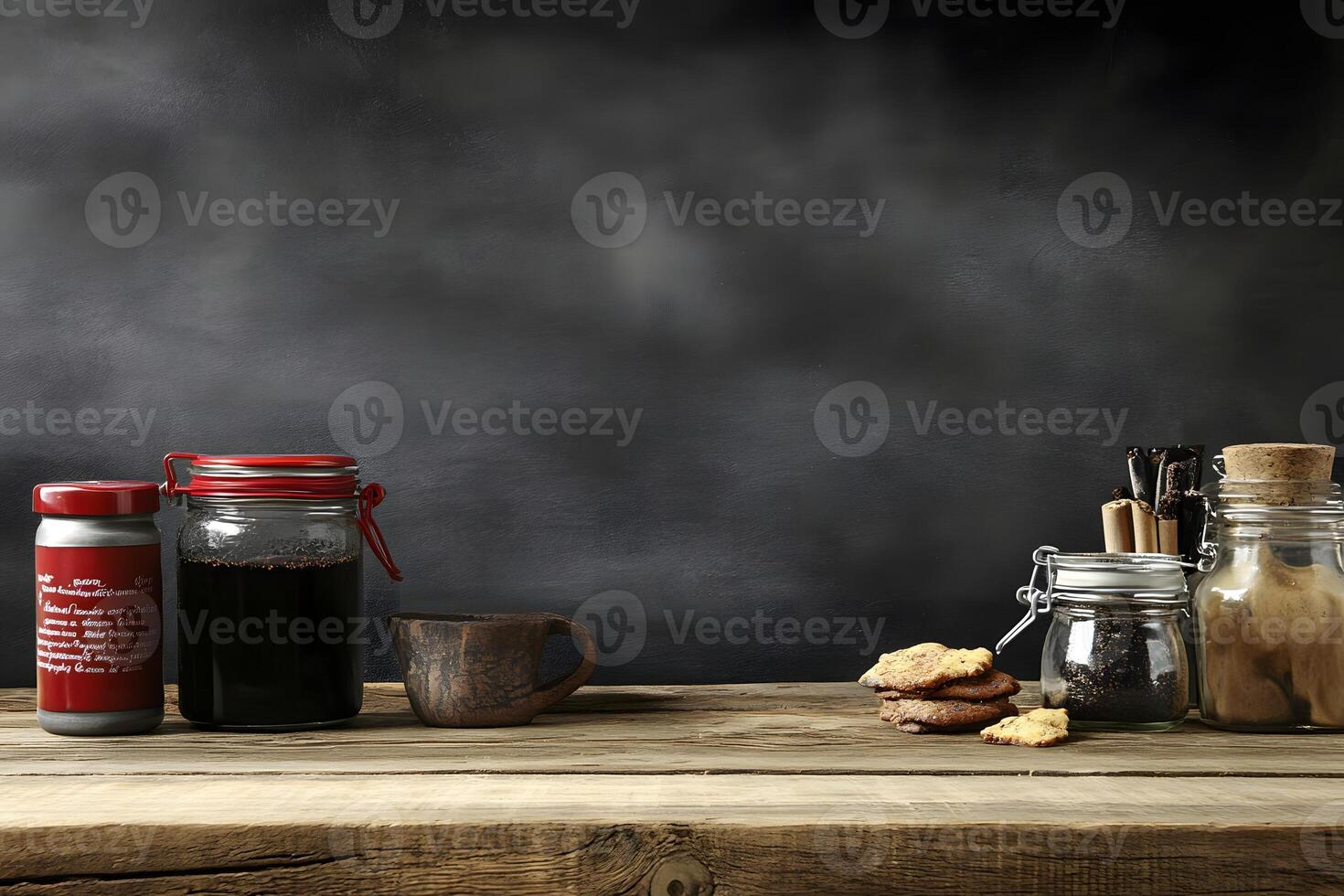 Dark moody kitchen, jars, cookies, drinks photo