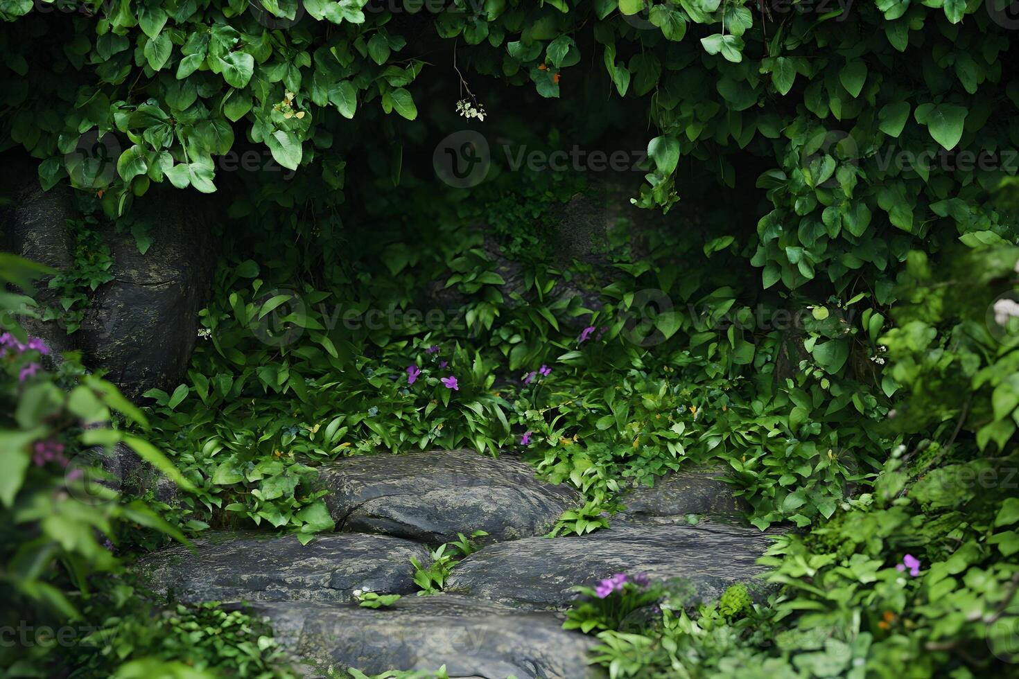 Lush jungle scene, rocks, flowers, vines, background, product display photo