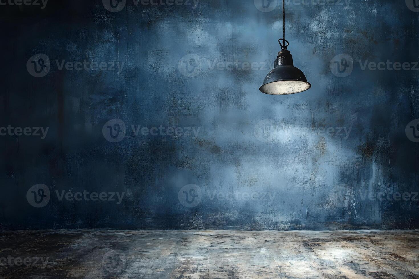 Dark room, hanging lamp, textured wall, wooden floor, product display photo