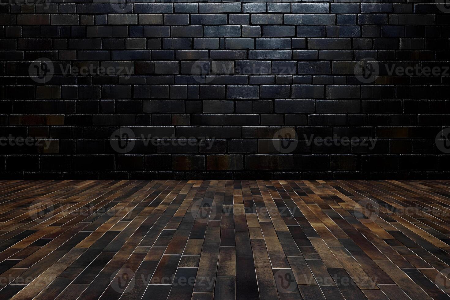 Dark room, wood floor, brick wall, background, product display photo
