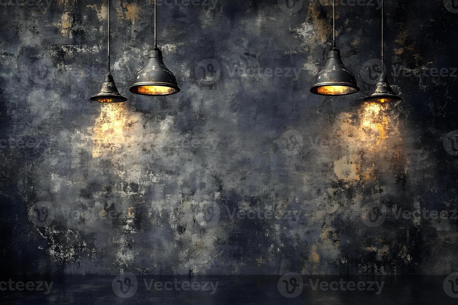 Grungy wall, hanging lights, dark room, product display photo