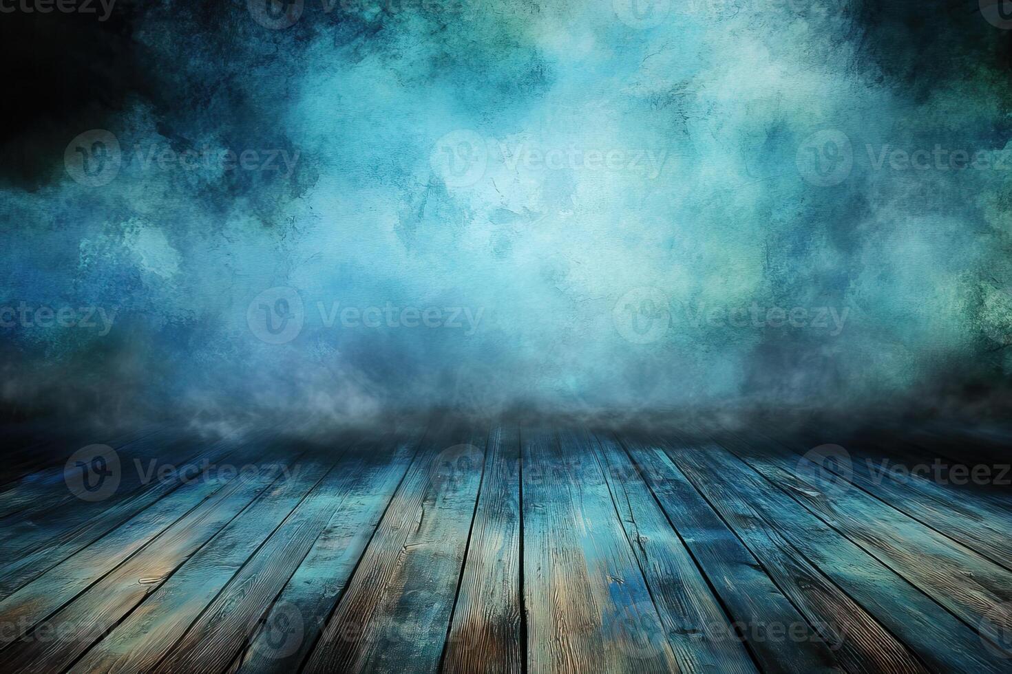Misty blue backdrop, wooden floor, studio scene photo