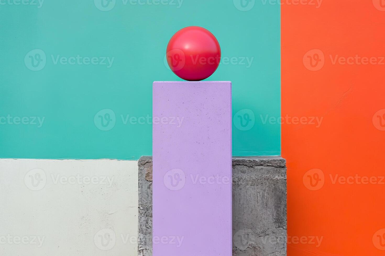 Red sphere on purple column, colorful wall, studio photo