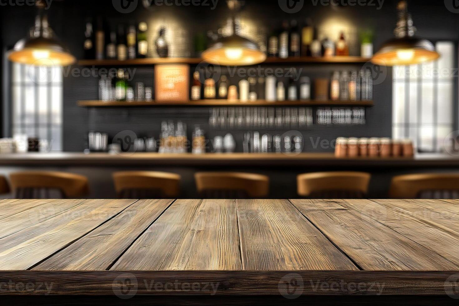 Rustic bar table, pub interior, drinks, night photo
