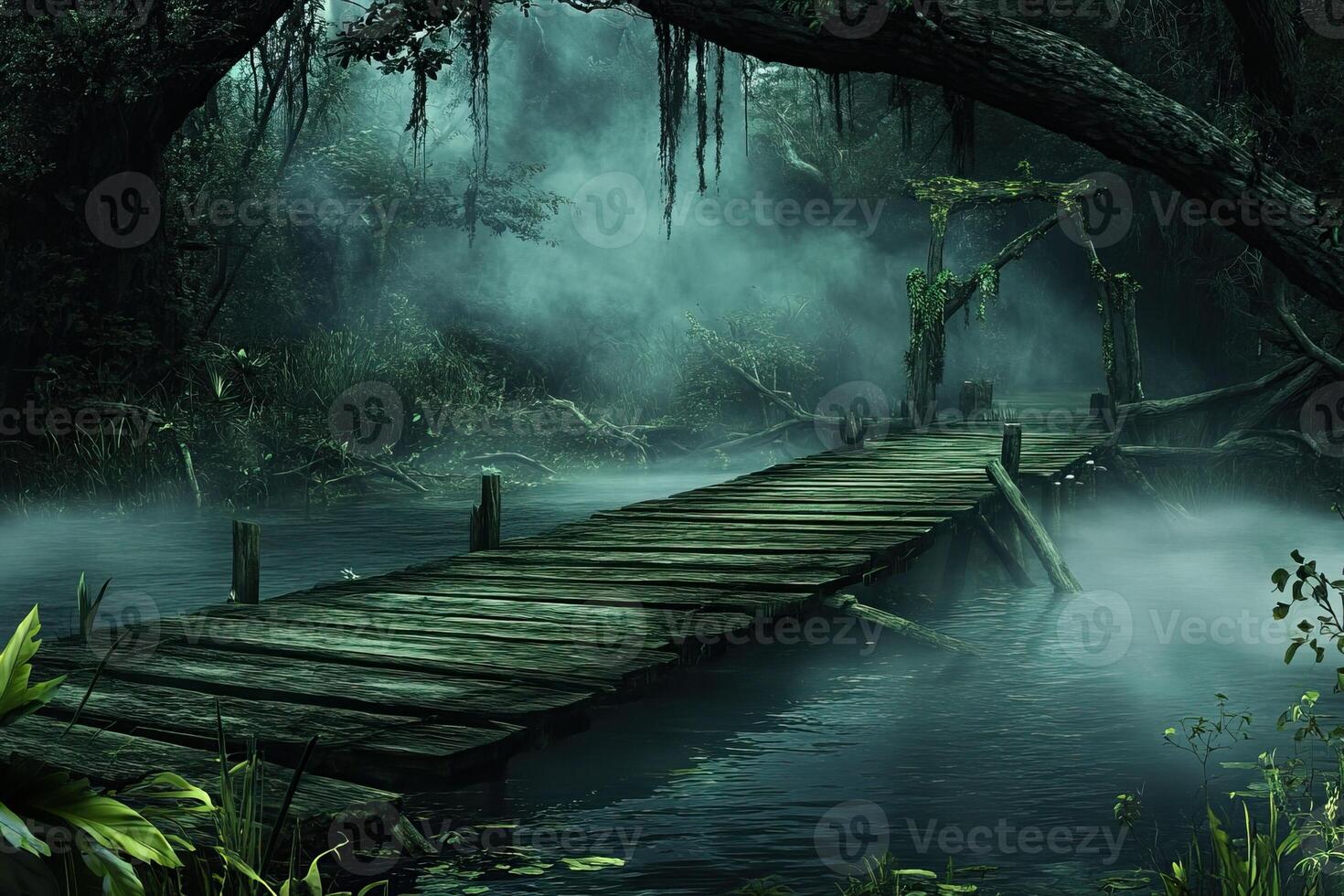 Misty swamp bridge, eerie forest background, game design photo