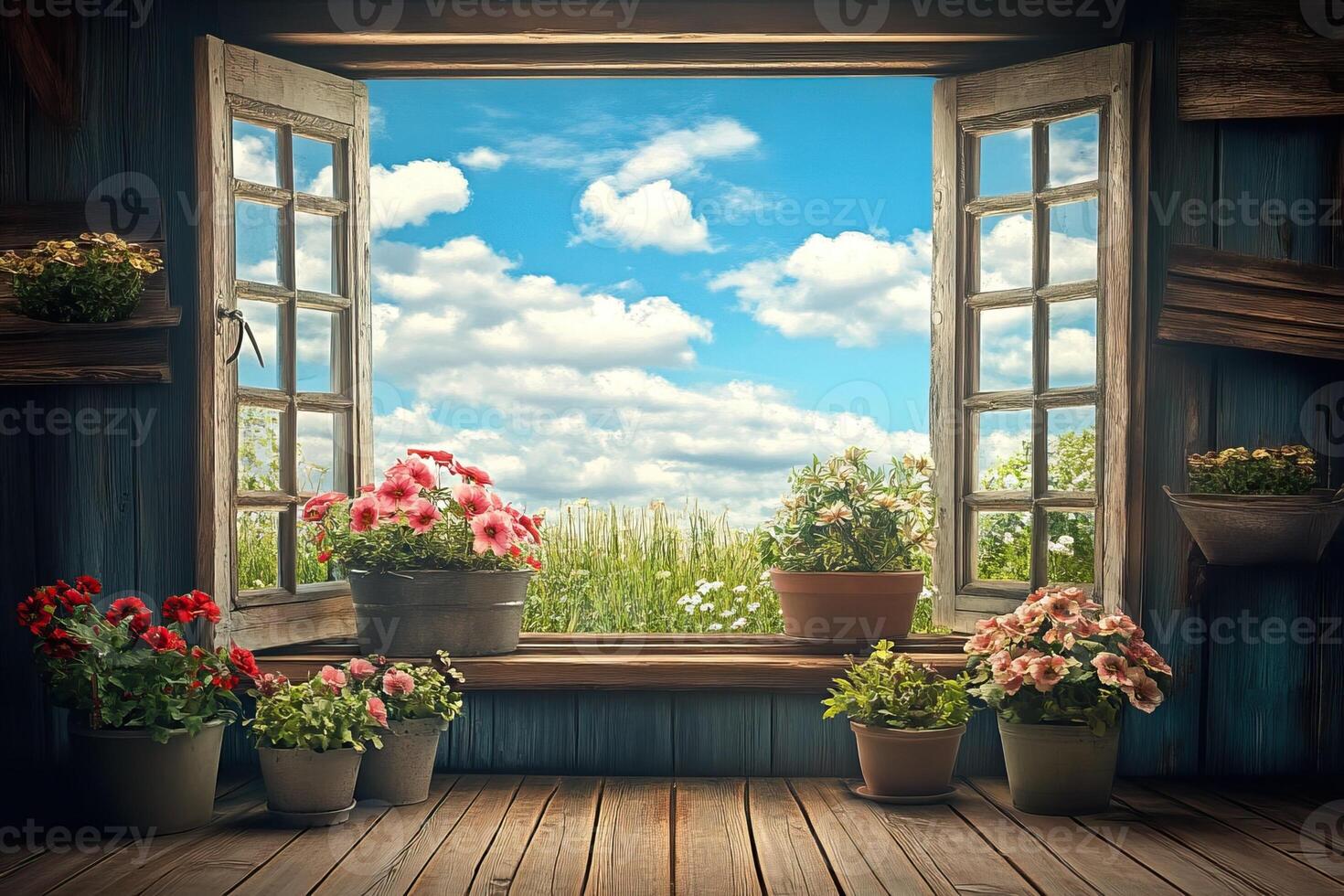 Open window, flowers, spring view, rustic room, home decor photo