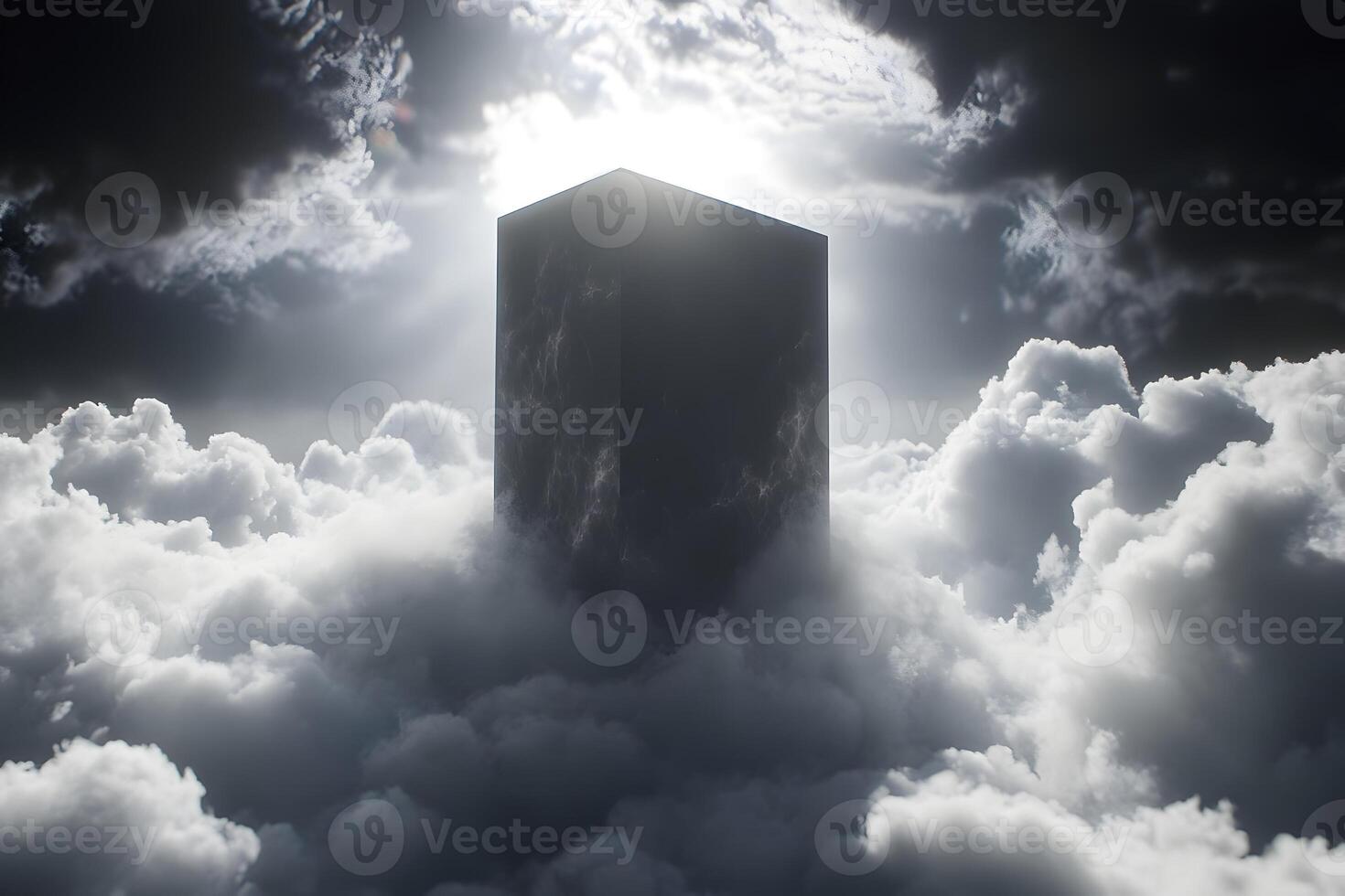 A black cube is sitting in the clouds photo