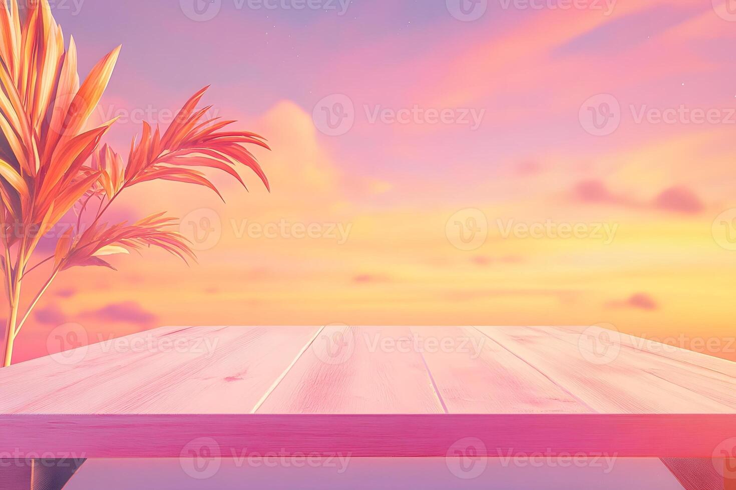 Pink wood table, sunset sky, palm leaves, product display photo