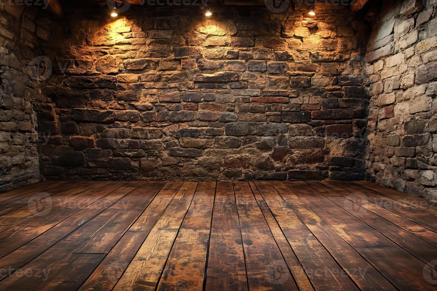 Rustic cellar, wood floor, stone wall, lights, background photo