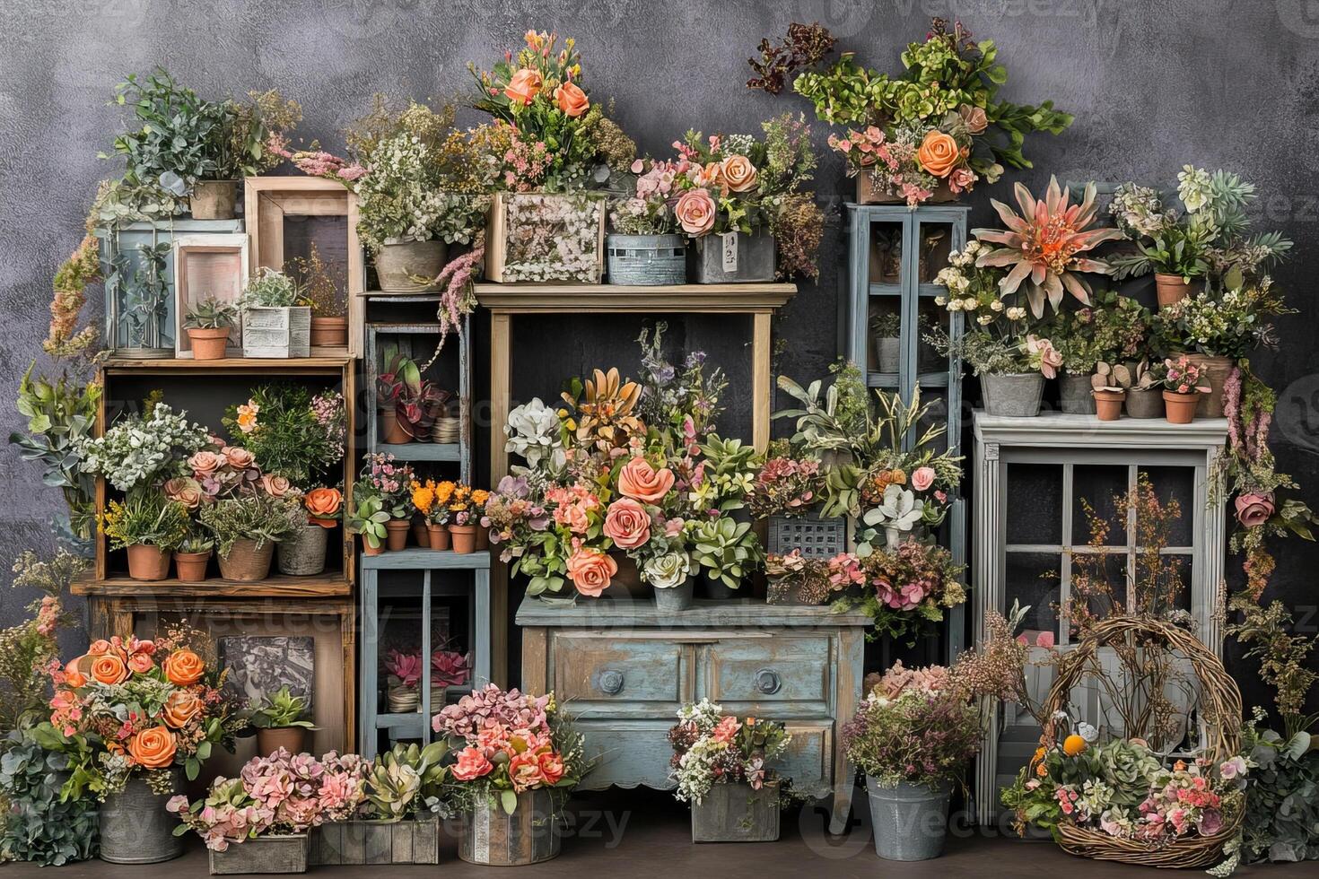 Rustic floral studio backdrop, plants, shelves, grey wall photo