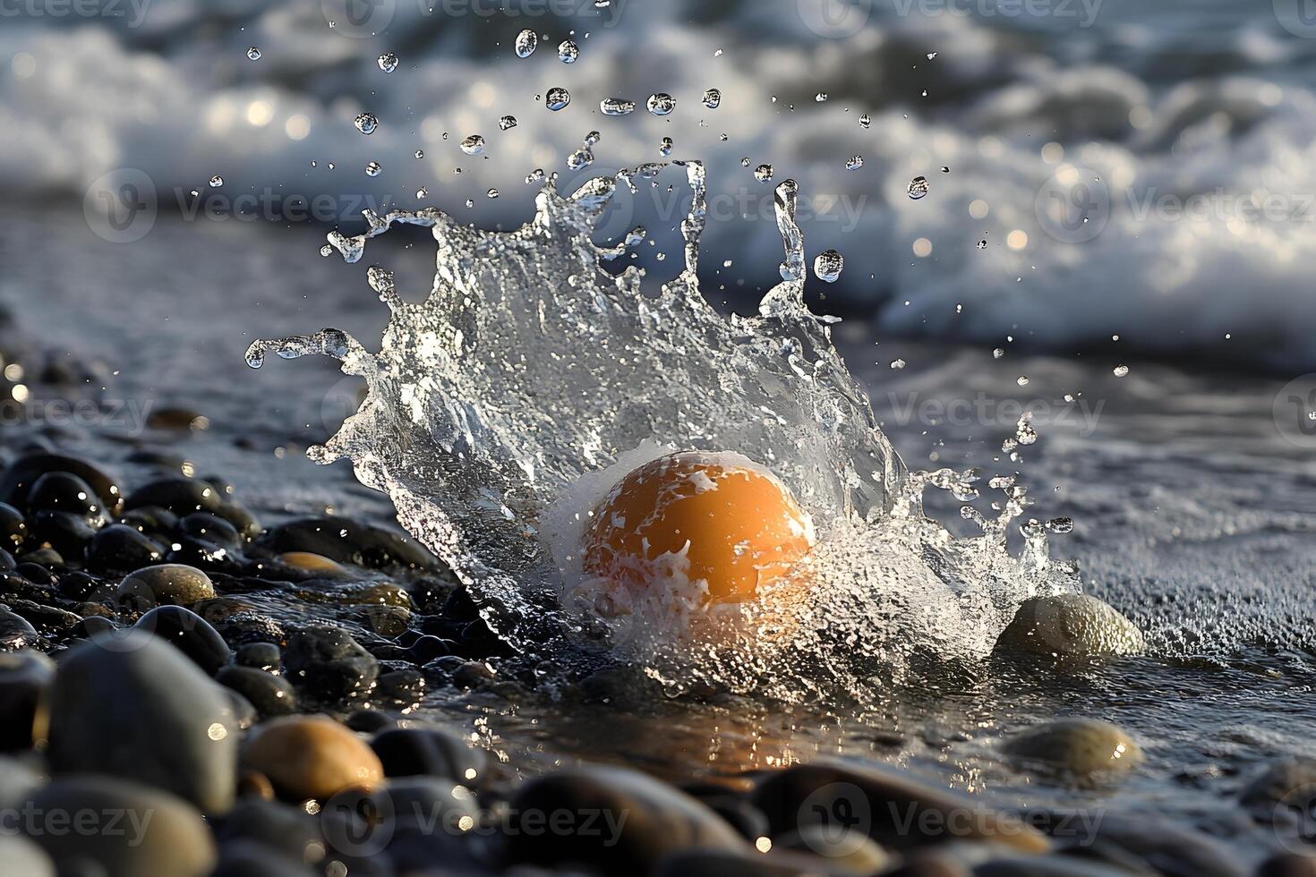 Orange sphere splashing ocean shore, pebble beach photo