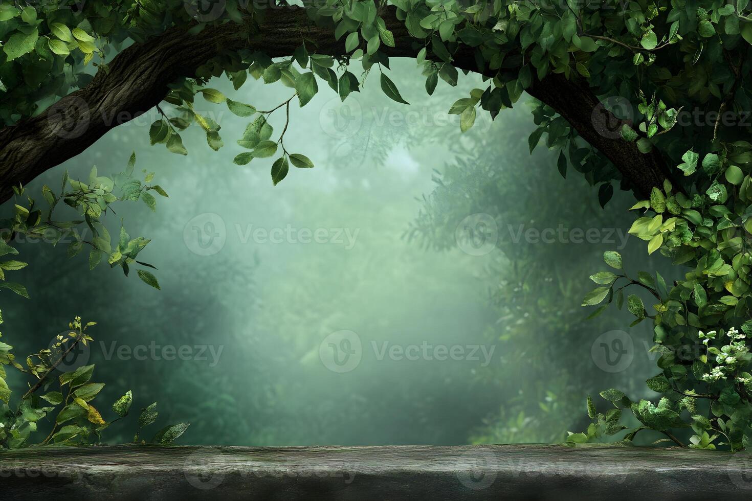 Misty forest scene, stone surface, product display photo