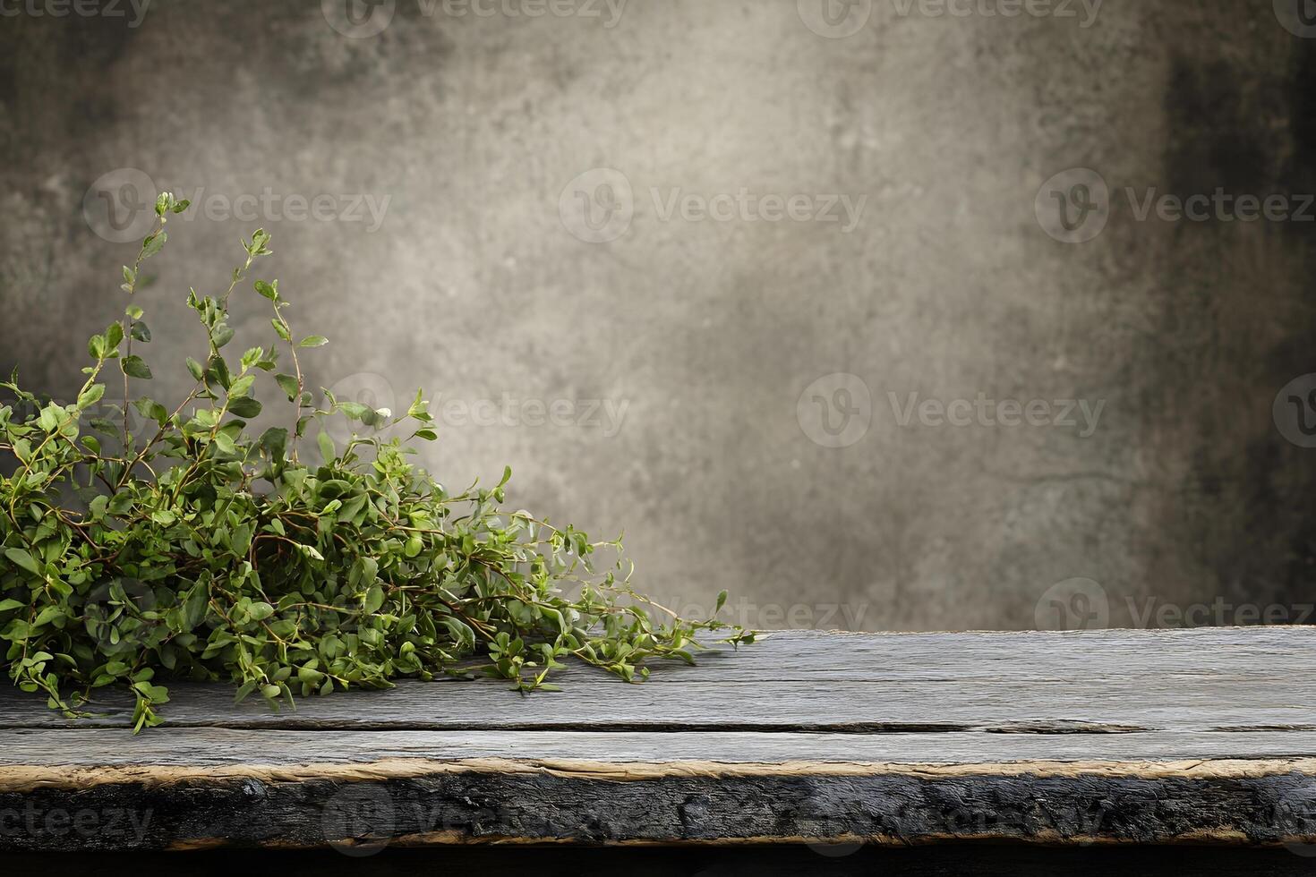 Rustic table, herbs, textured wall, cooking backdrop photo
