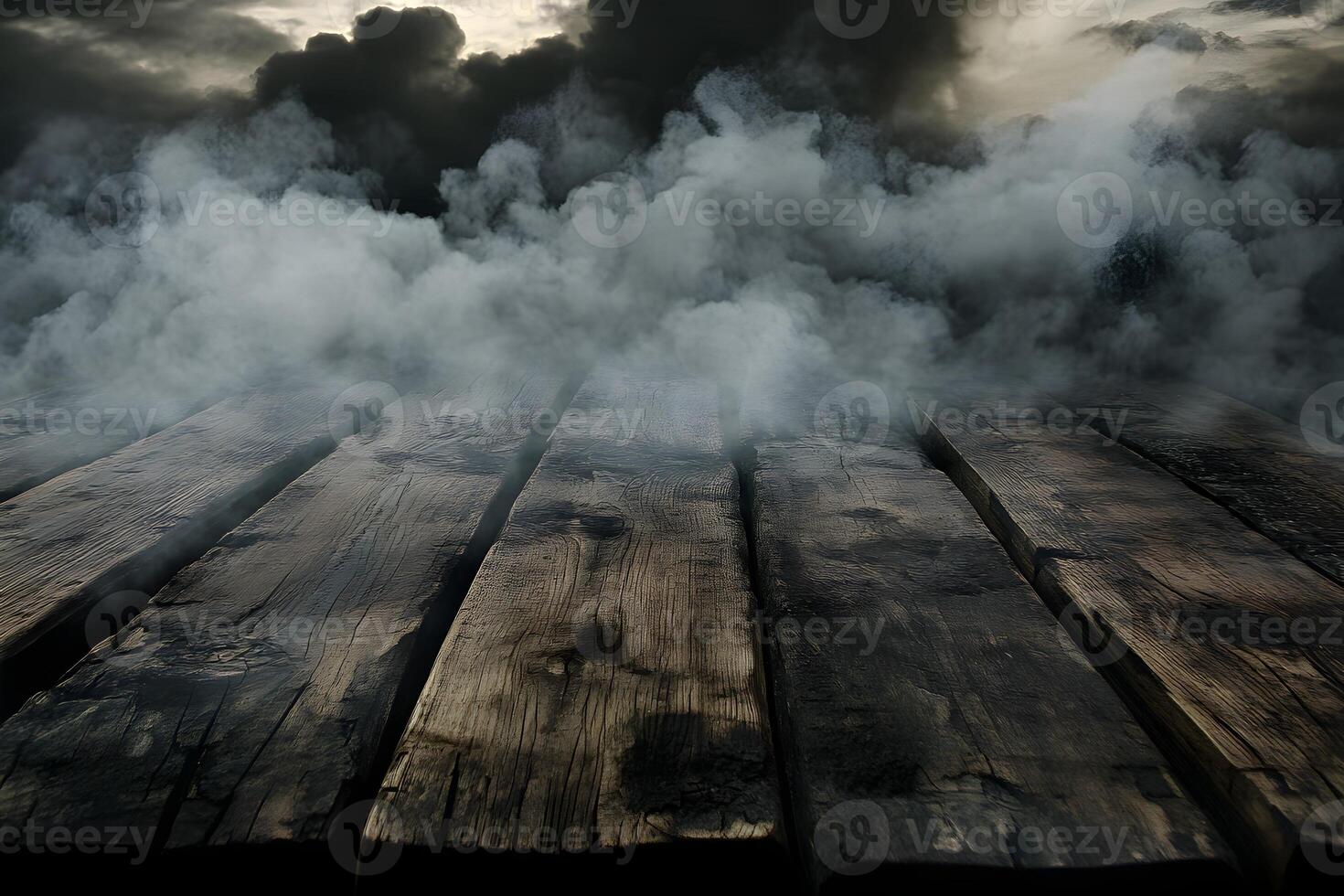 Misty Wooden Dock, Dramatic Sky, Product Display photo