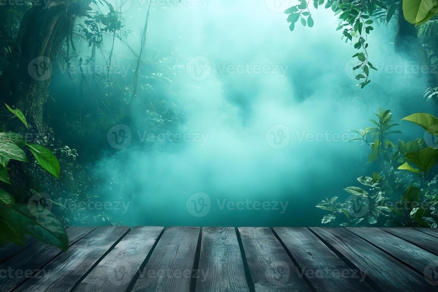 Misty jungle backdrop, wooden platform, product display photo