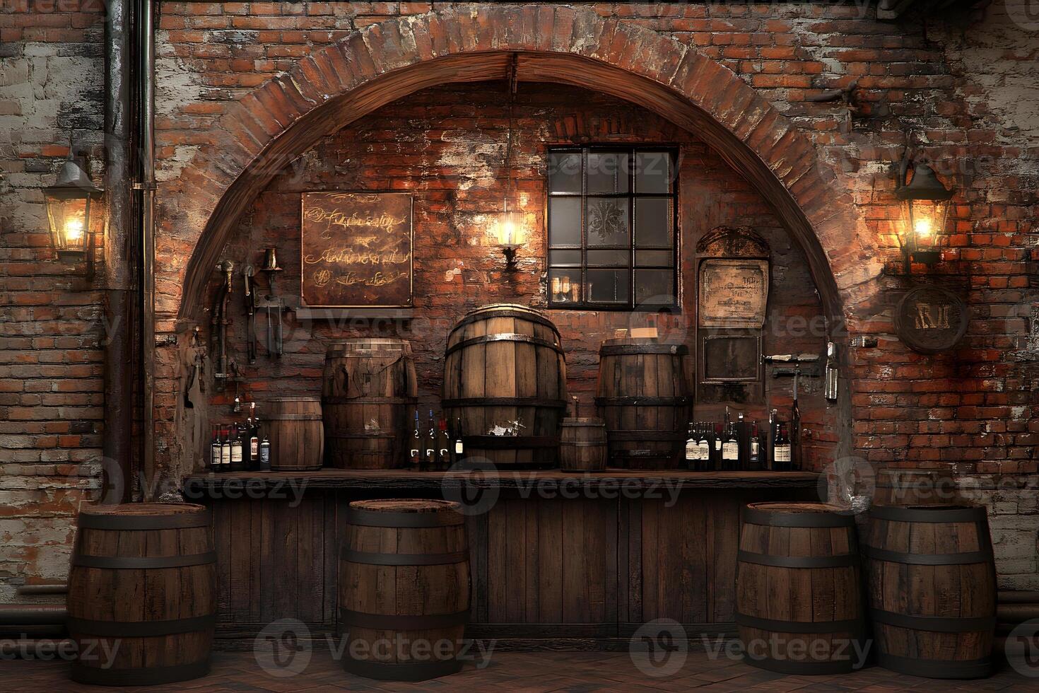 Rustic cellar bar, wine barrels, brick wall, dimly lit, advertising photo