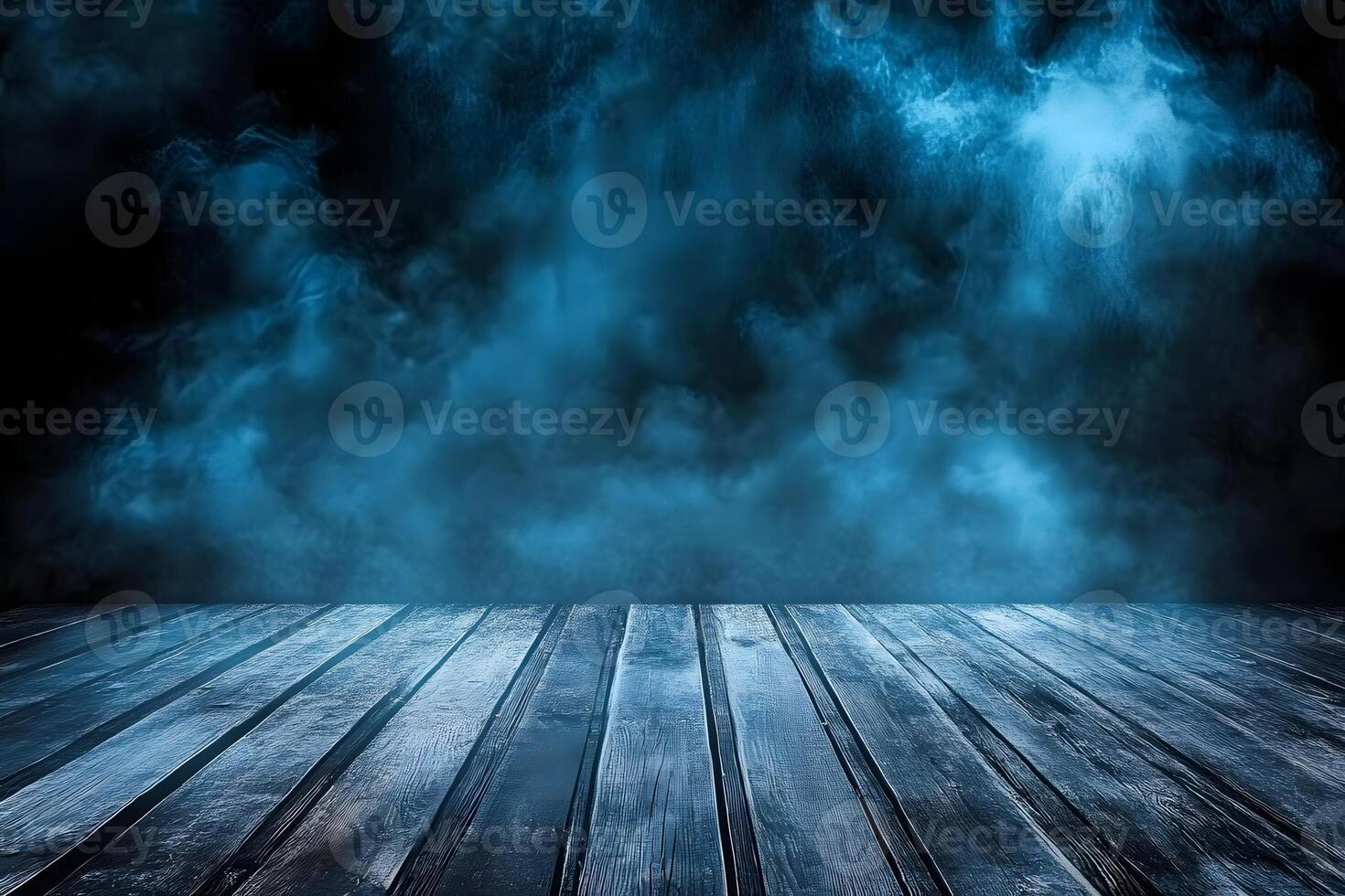 Moody blue smoke backdrop, wooden floor photo