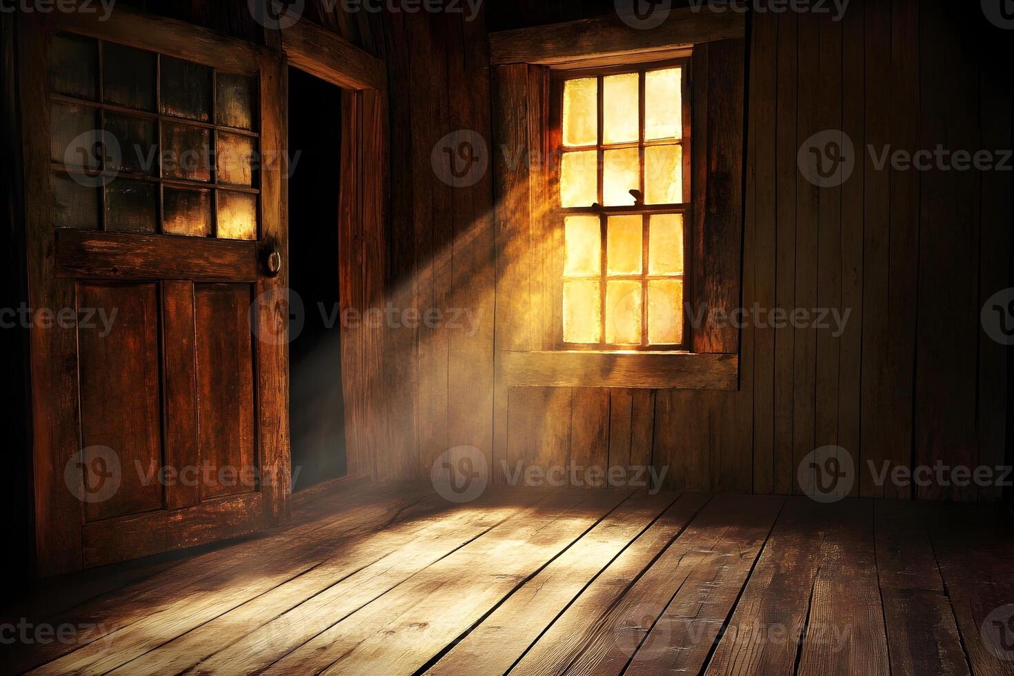 Rustic room, sunlit window, wooden floor, open door, dust motes photo