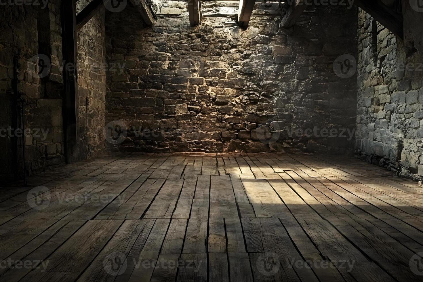Rustic Attic Room, Stone Walls, Wooden Floor, Sunlight photo
