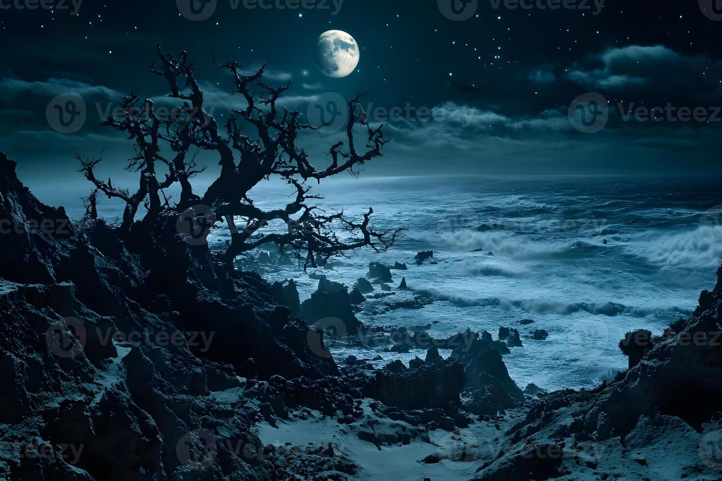 Moonlit coastal rocks, gnarled tree, stormy sea photo