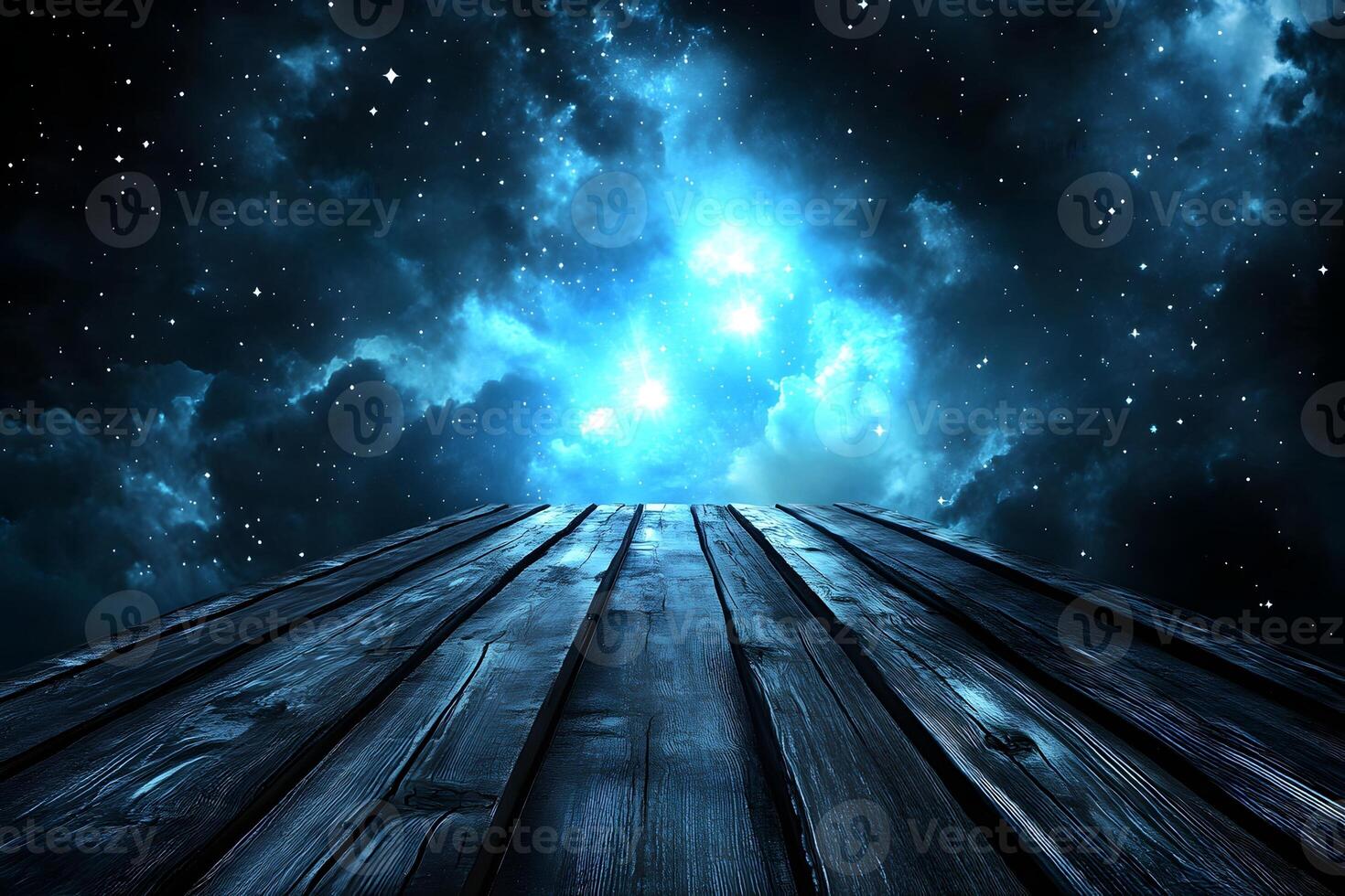 Night sky, wooden deck, clouds, stars, fantasy, design photo