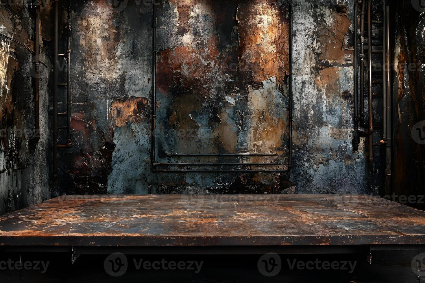 Rustic metal platform, grunge wall, dark room, product display photo