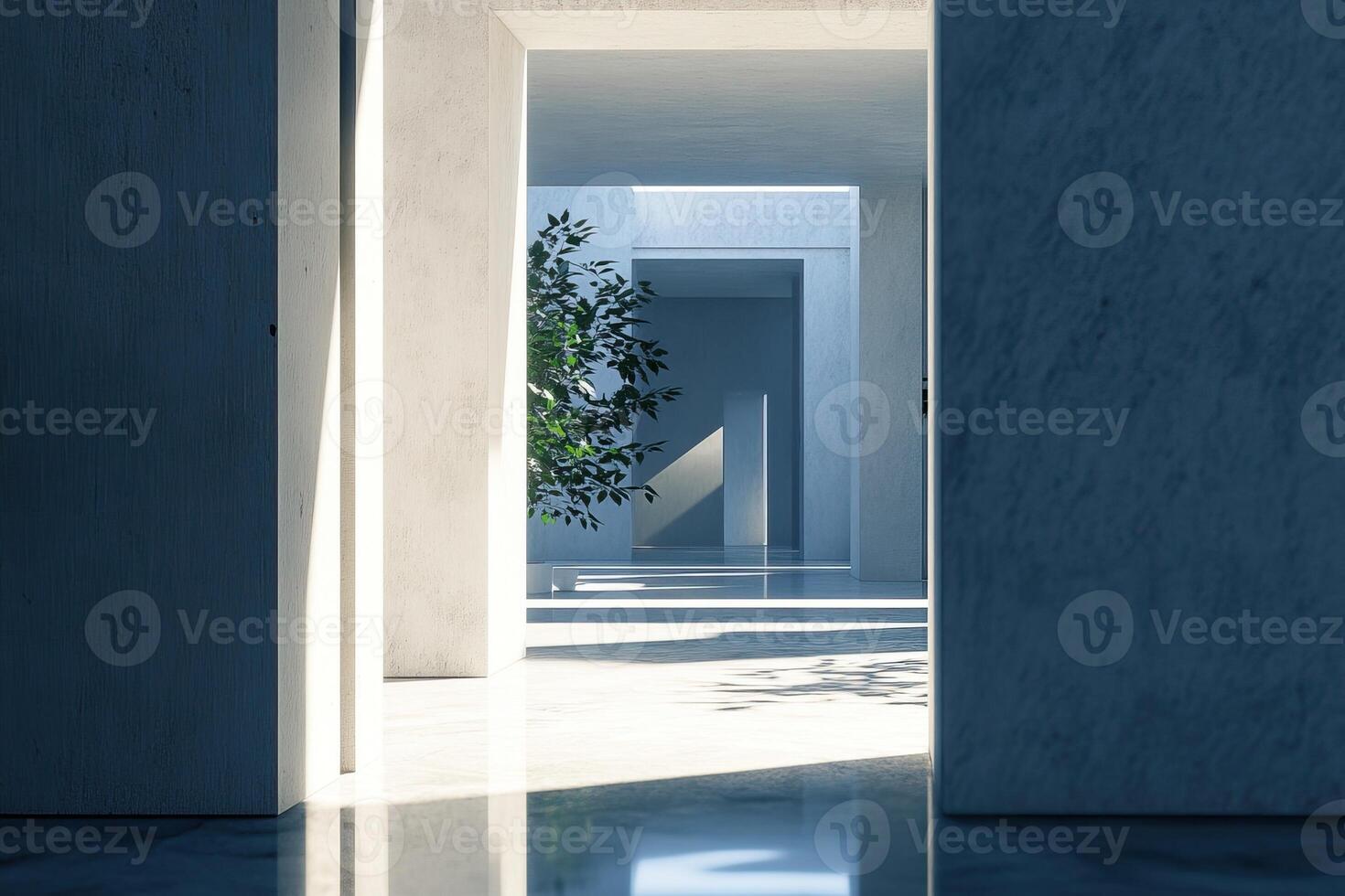 A hallway with a tree in the middle photo