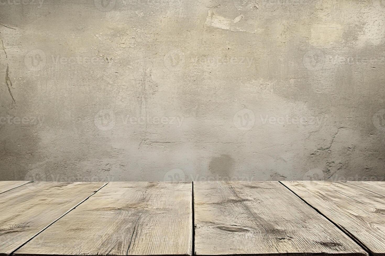 An empty table in front of a wall photo