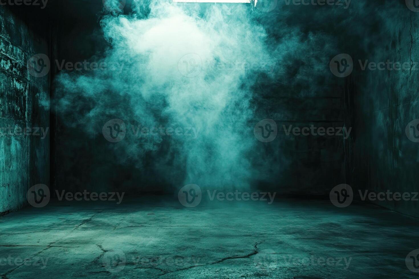 Smoky urban room, grunge background, teal lighting, product display photo