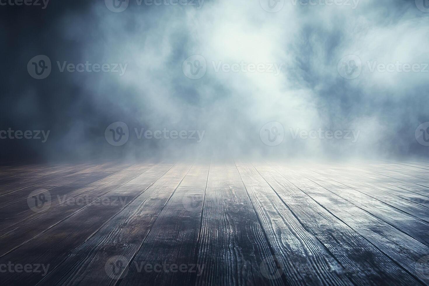 Smoky wooden floor backdrop, misty scene photo