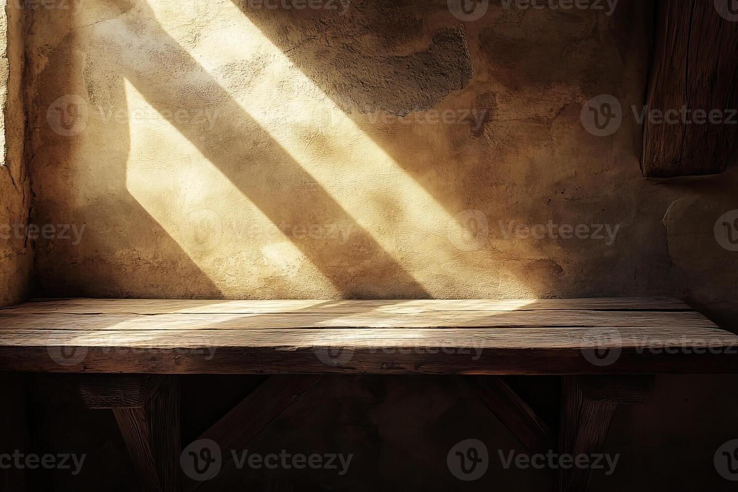 Rustic wooden table, sunlit stone room, display photo