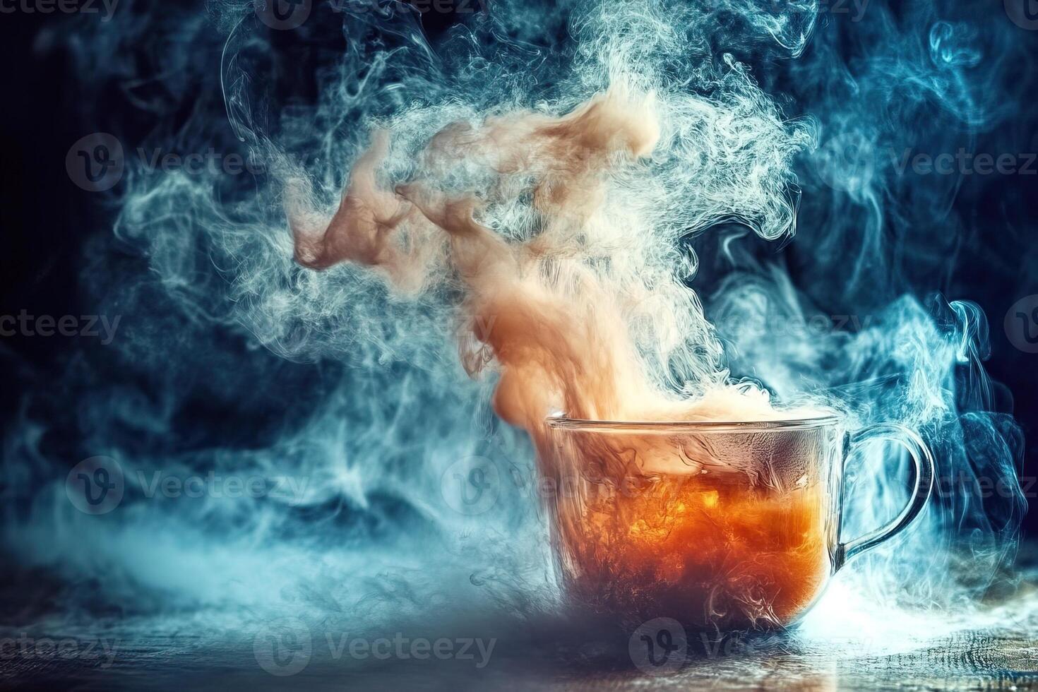 Steaming teacup, smoky background, dark setting, drink concept photo