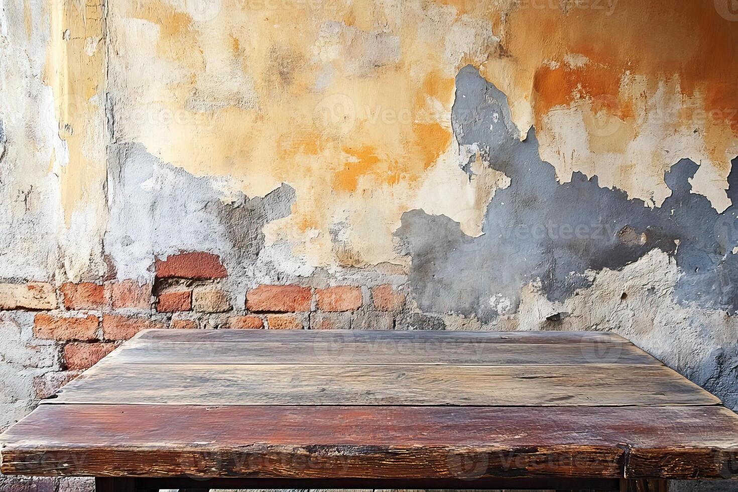 Rustic wooden table, aged wall backdrop photo