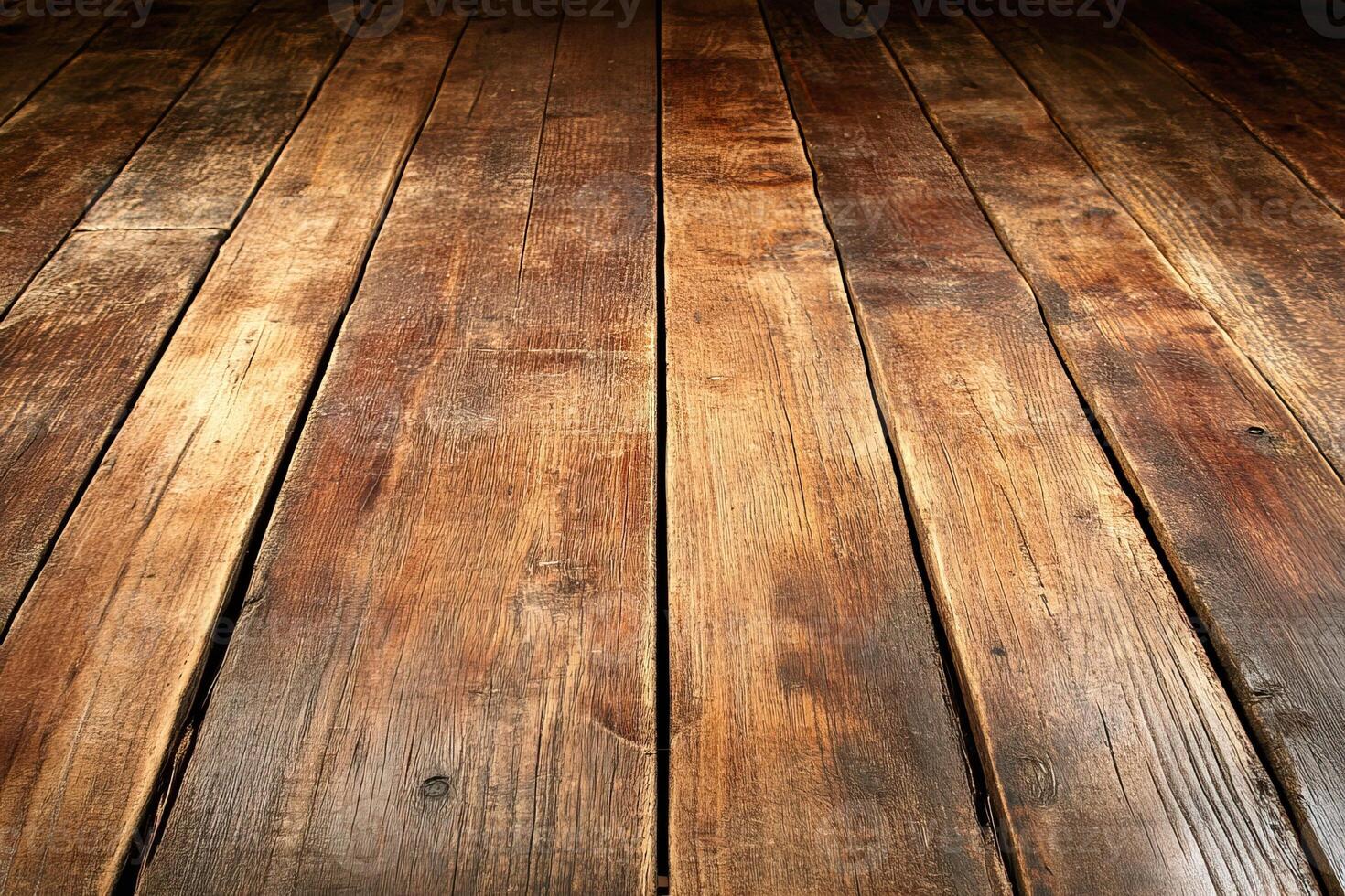 Rustic wooden floor, dark studio, background blur, product display photo