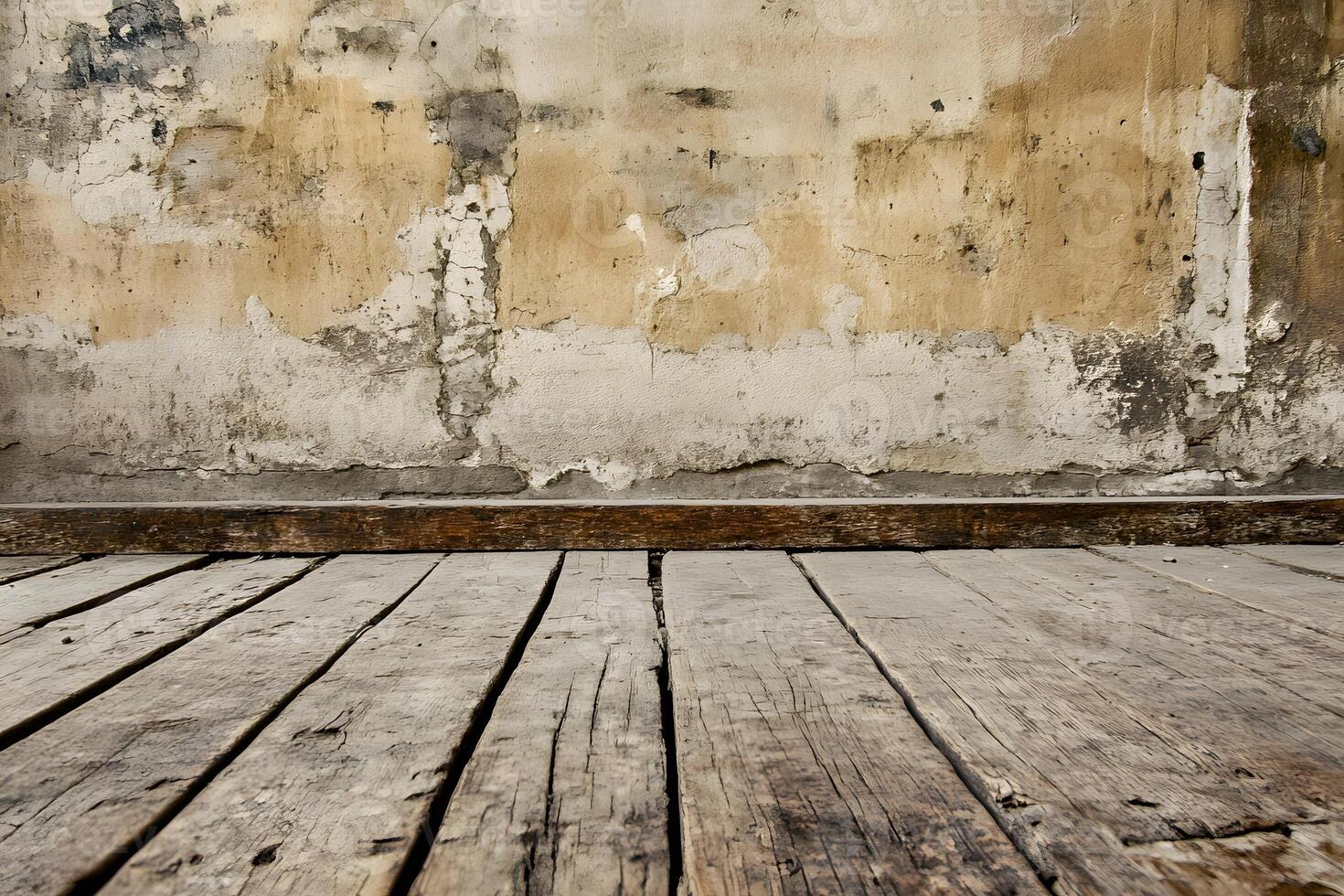 Rustic wooden floor, damaged wall, interior, backdrop, design photo