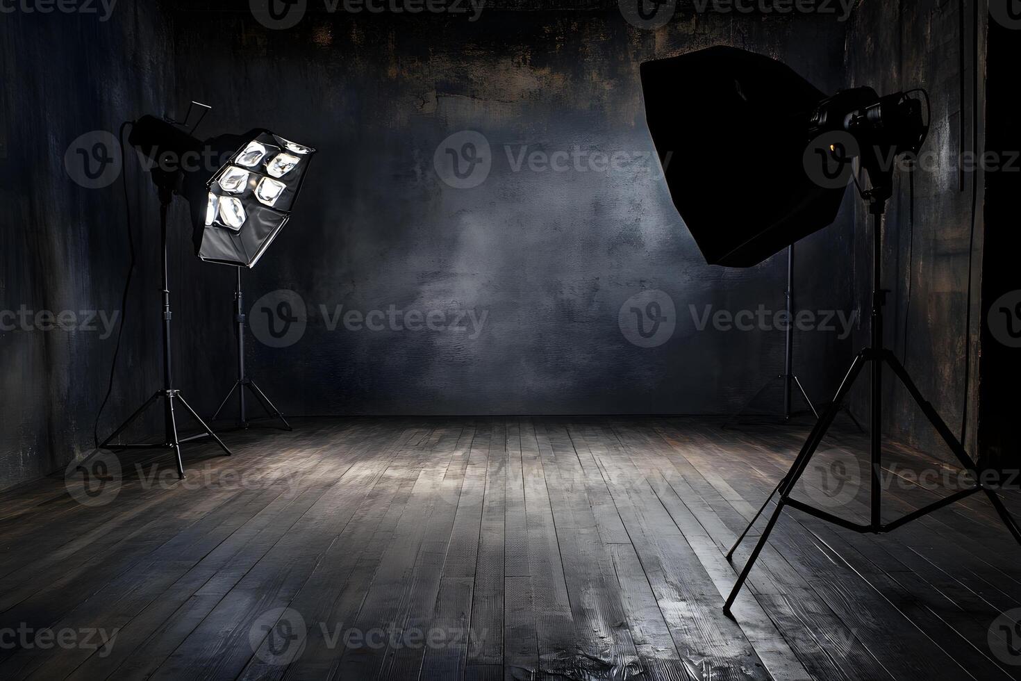 Studio lighting setup, dark room, wood floor, photography backdrop photo