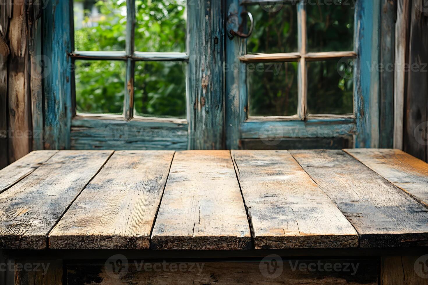 Rustic wooden table, garden view, shabby chic doors, product display photo