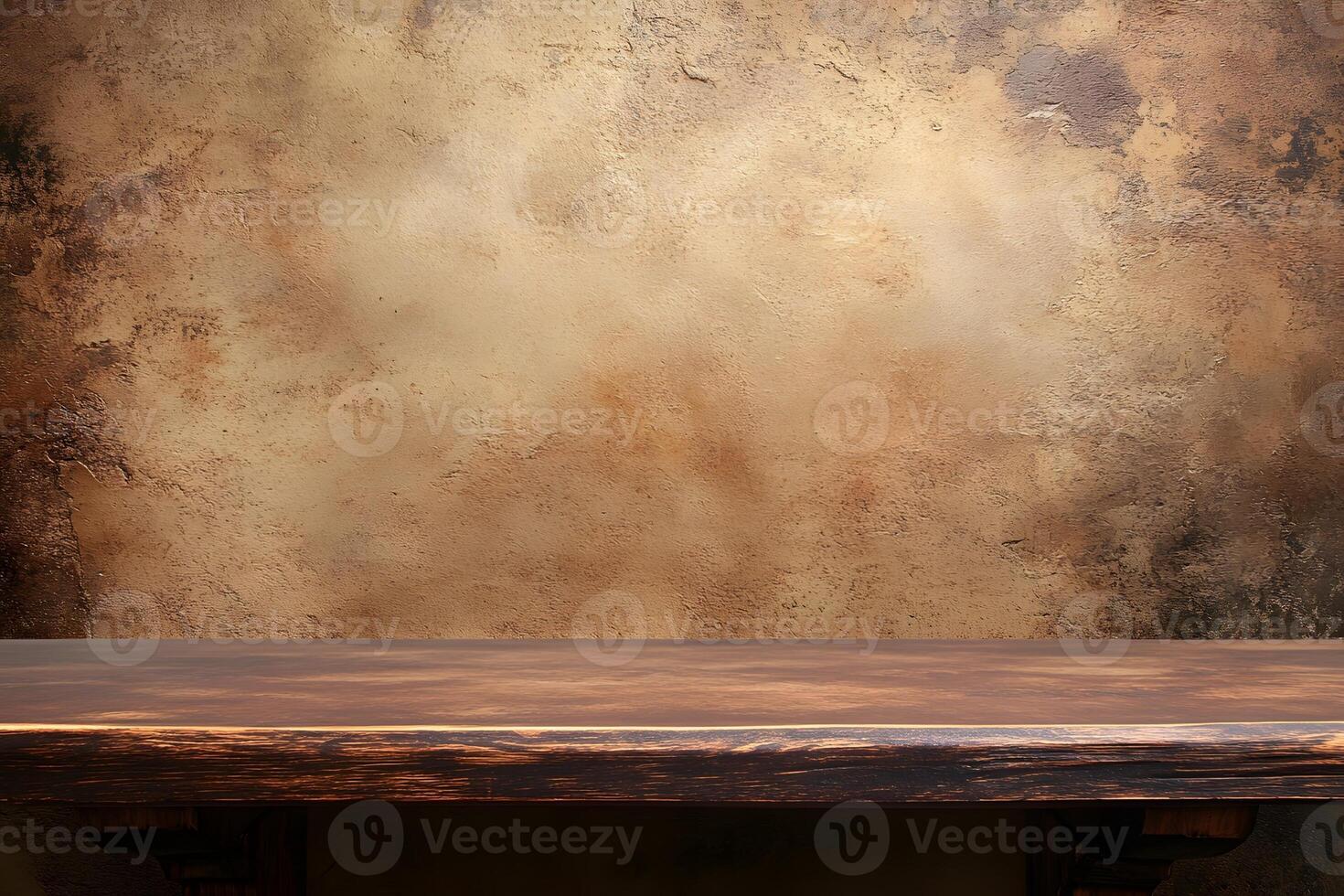 Rustic wooden shelf against textured wall background photo