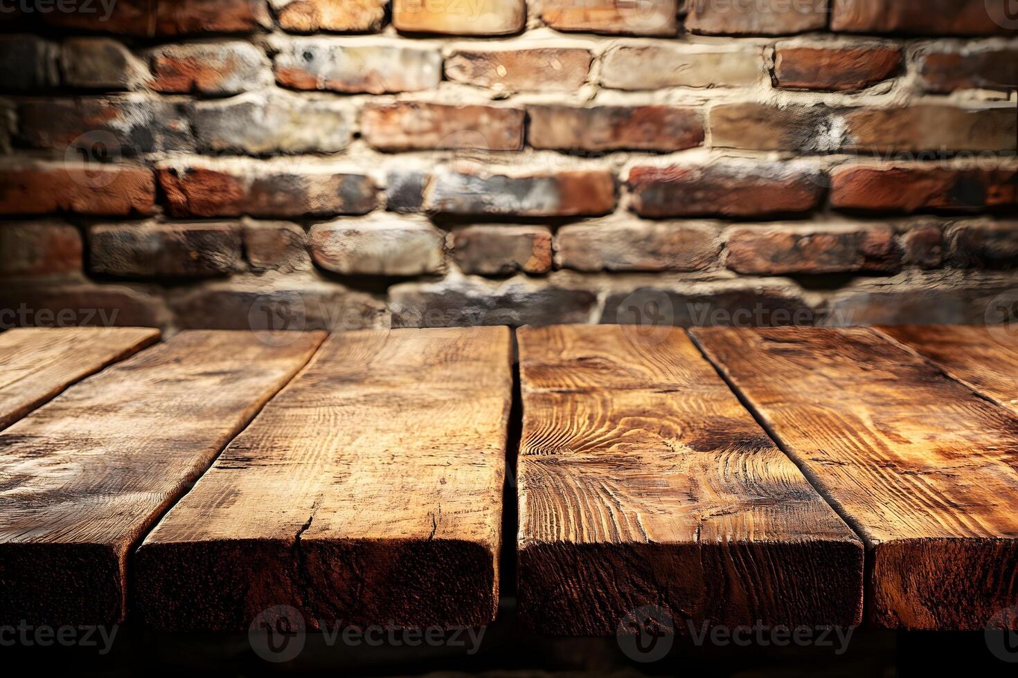 Rustic wooden table, brick wall background photo