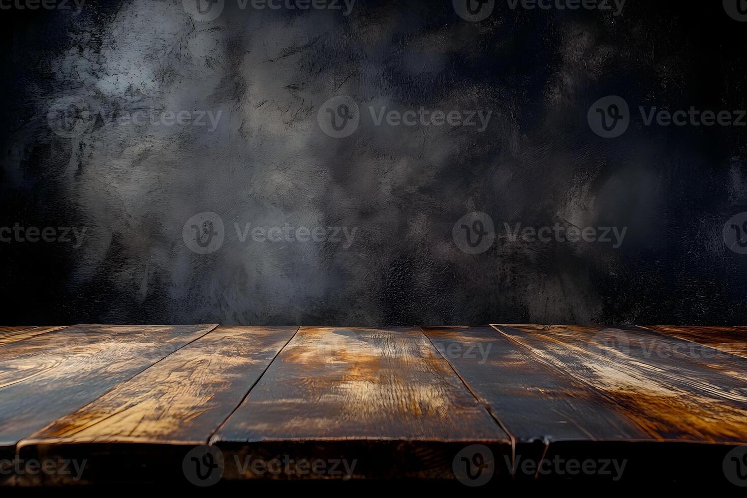 Rustic wooden table, dark textured backdrop photo