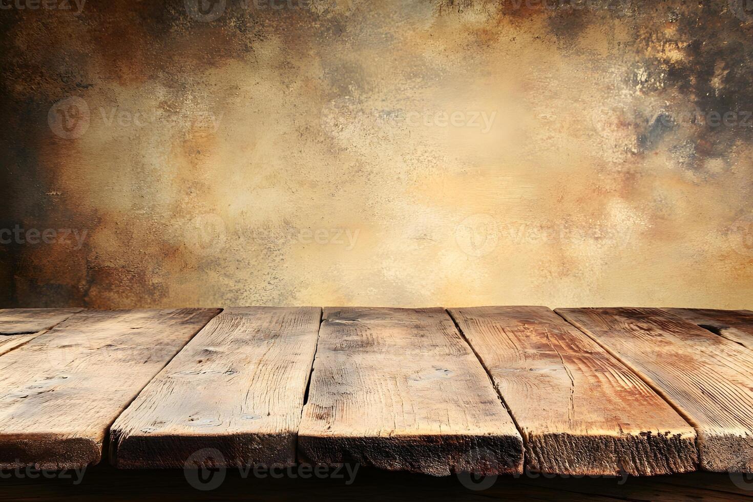 Rustic wooden table, textured backdrop, product display photo