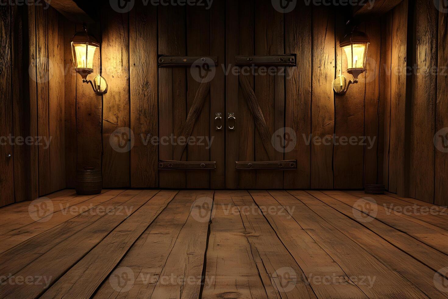 Rustic wooden room, dark interior, closed doors, lanterns, background texture photo