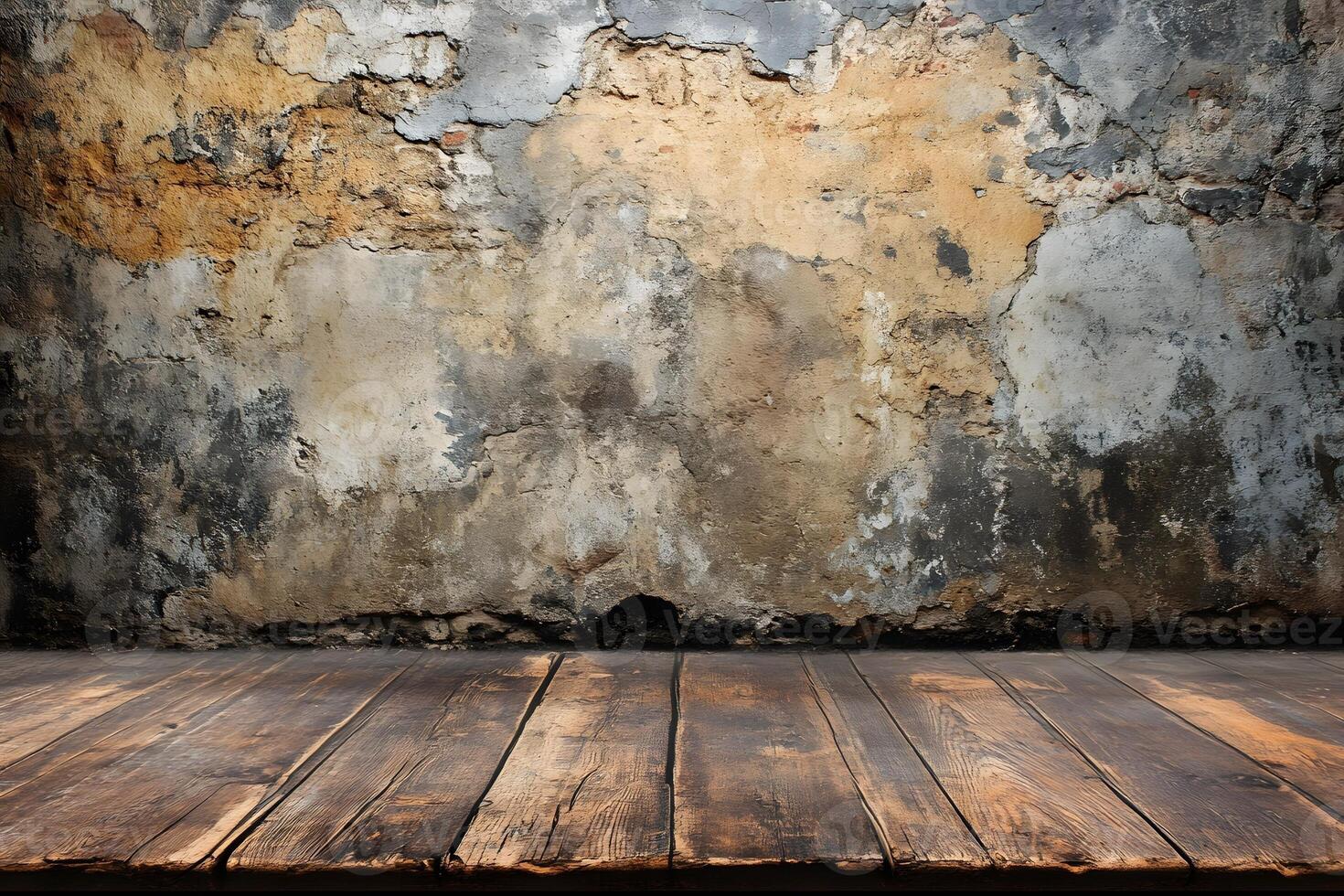 An empty room with a wooden floor and old wall photo