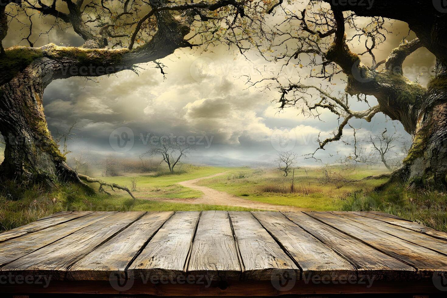 Rustic wooden table, autumn landscape, stormy sky, product display photo