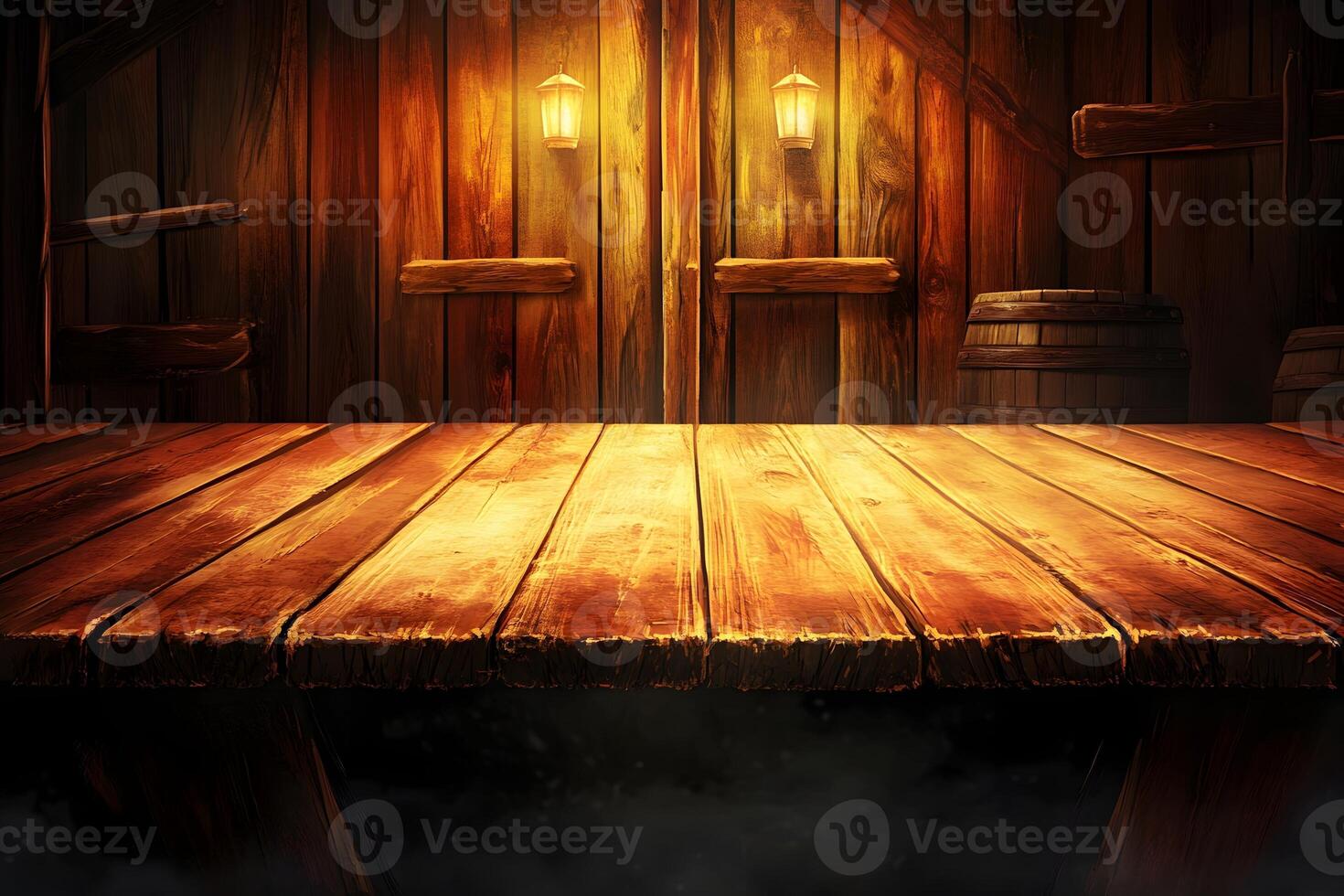 Rustic Wooden Table, Barn Setting, Dark Background, Product Display photo