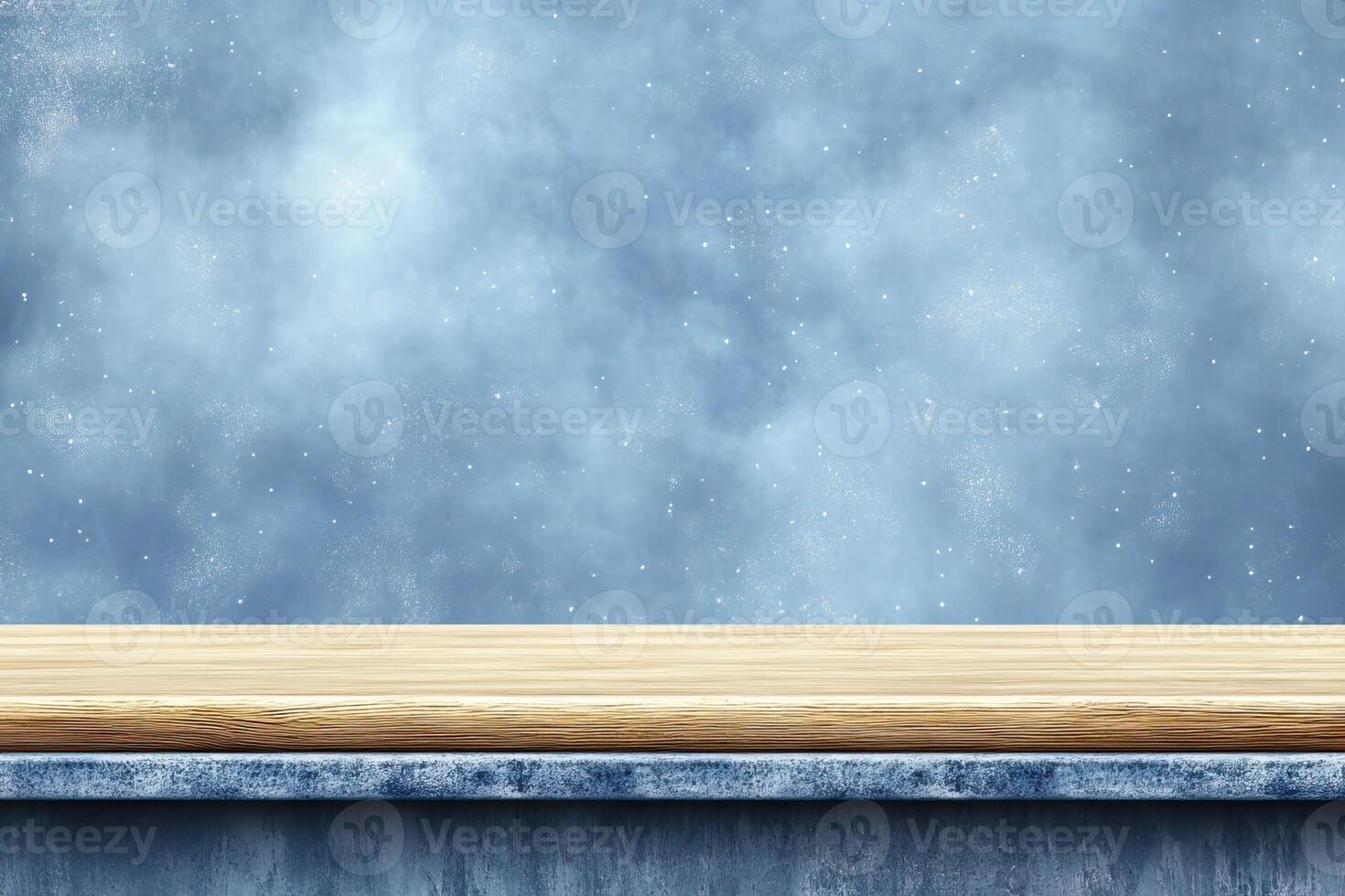 Winter wood shelf, snowy backdrop, product display photo