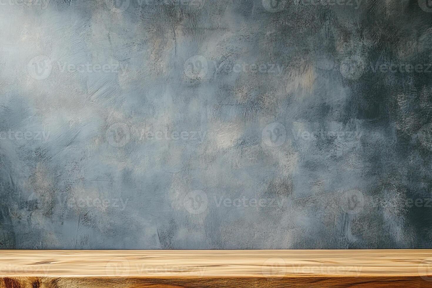Wooden table, textured wall, studio, light, background photo