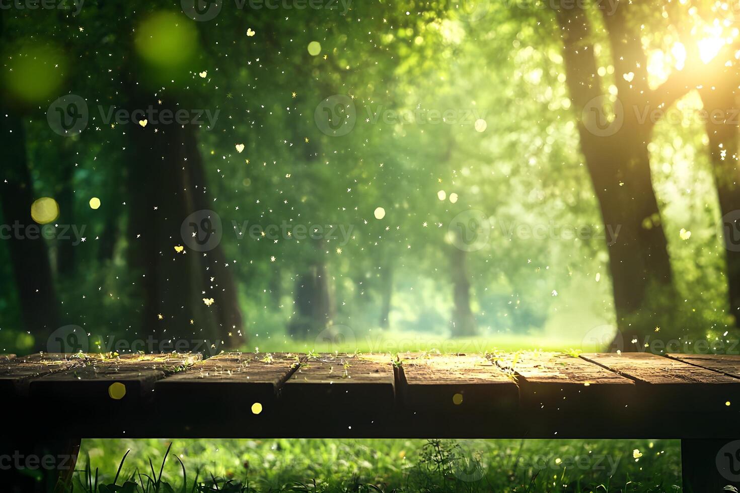 Wooden table, sunlit forest, bokeh, spring, nature, product display photo
