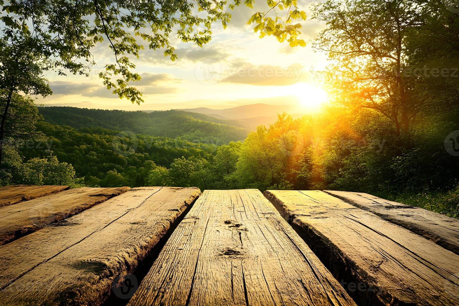 Sunset mountain view from wooden picnic table photo